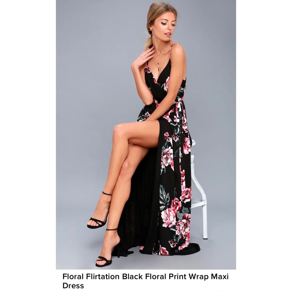 Lulus Black Floral Print Maxi Wrap Dress